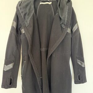 blanc noir Black Hooded Long Coat with Leather Trim